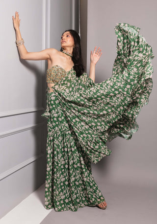 Green printed sharara and cape set