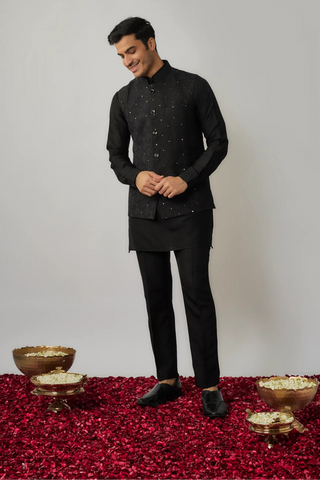 Black kurta pants with thread and sequin embroidered bandi jacket set