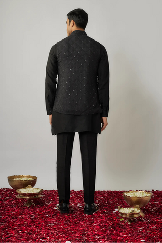 Black kurta pants with thread and sequin embroidered bandi jacket set