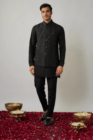 Black kurta pants with thread and sequin embroidered bandi jacket set