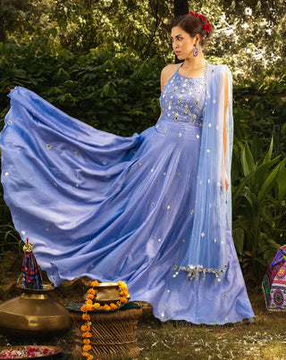 Powder blue mirror work anarkali and dupatta