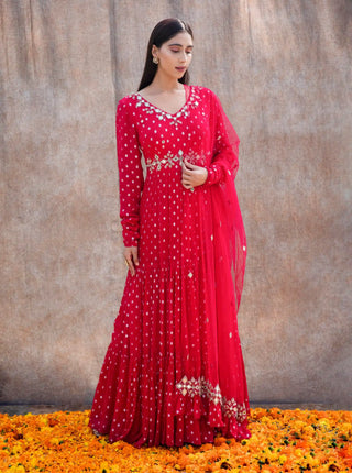 Rani pink mirror tiered anarkali and dupatta