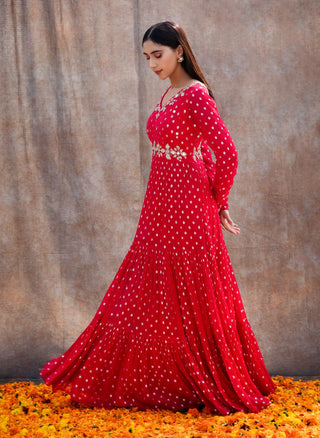 Rani pink mirror tiered anarkali and dupatta