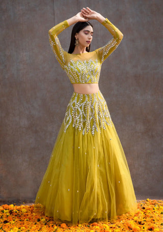 Lemon green mirror lehenga set