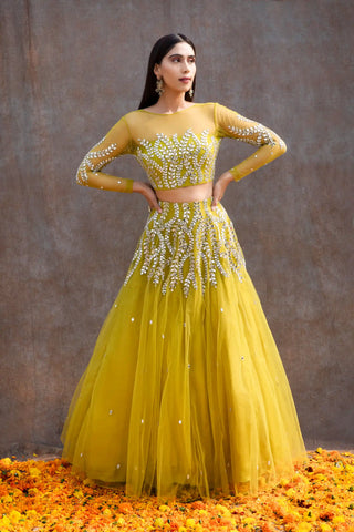 Lemon green mirror lehenga set