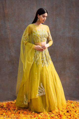 Lemon green mirror lehenga set