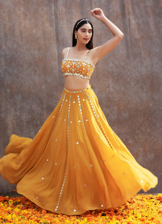 Yellow mirror work lehenga set