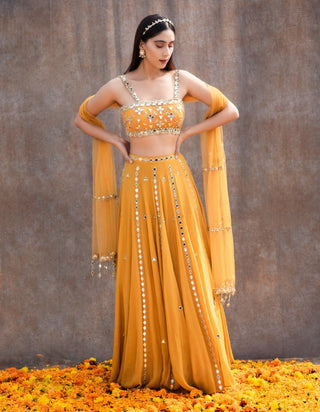 Yellow mirror work lehenga set