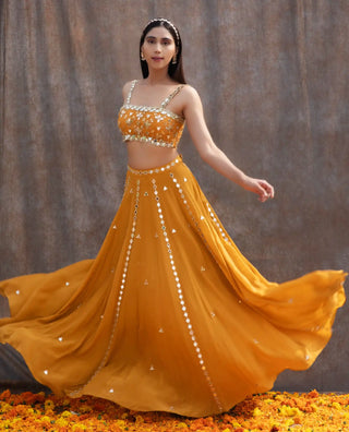 Yellow mirror work lehenga set