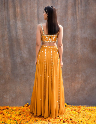 Yellow mirror work lehenga set