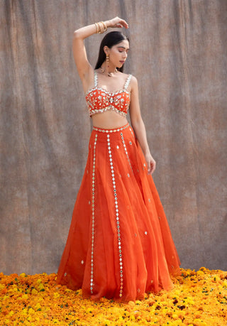 Rust orange mirror work lehenga set