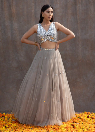 Gray mirror work lehenga set