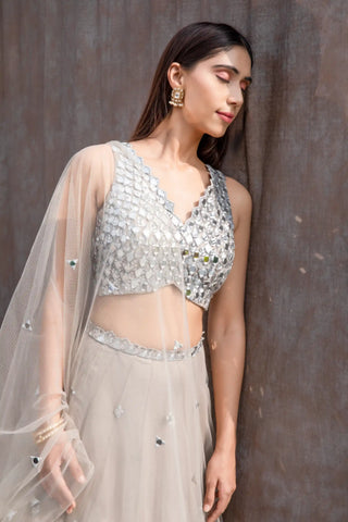 Gray mirror work lehenga set