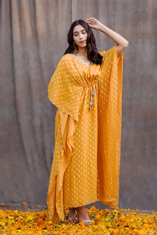 Yellow mirror work kaftan