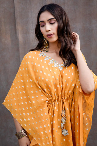 Yellow mirror work kaftan