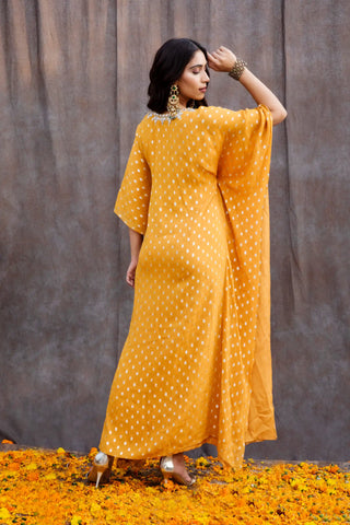 Yellow mirror work kaftan