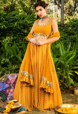 Yellow mirror work lehenga set