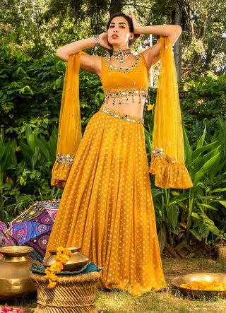 Yellow mirror work lehenga set