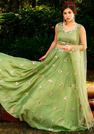 Green chanderi mirror work lehenga set