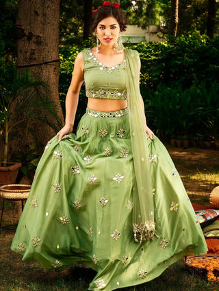 Green chanderi mirror work lehenga set