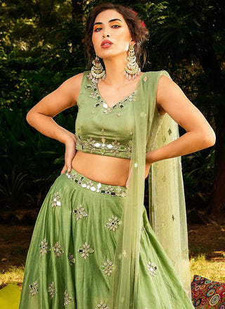 Green chanderi mirror work lehenga set