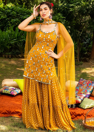 Yellow mirror work sharara set