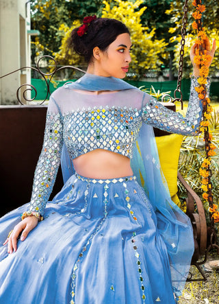 Powder blue mirror work lehenga set