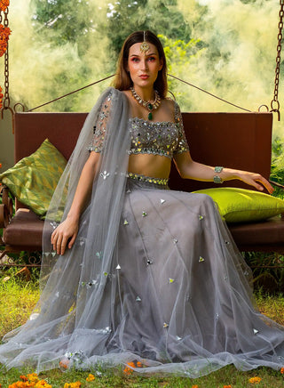 Gray tulle mirror lehenga set