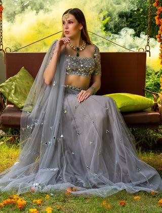 Gray tulle mirror lehenga set