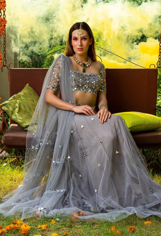 Gray tulle mirror lehenga set