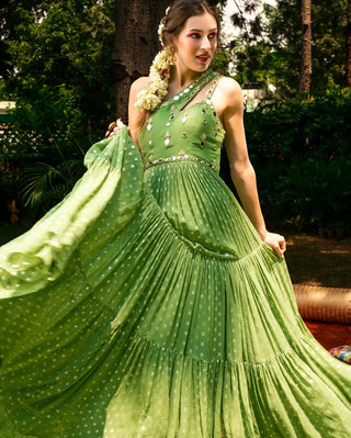 Green tiered anarkali and dupatta