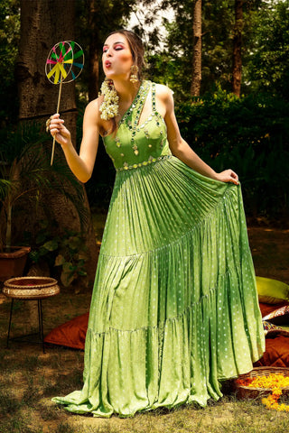 Green tiered anarkali and dupatta