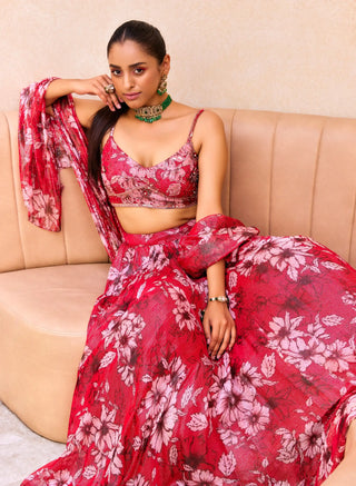 Red floral print lehenga set