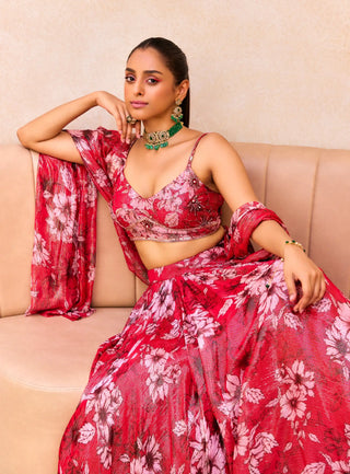 Red floral print lehenga set