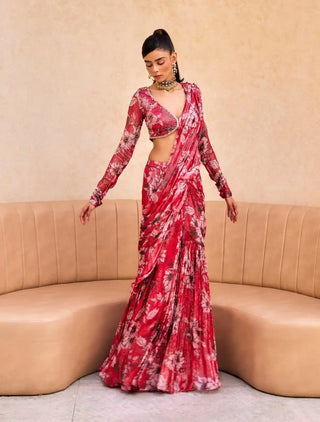 Red floral print ruffle saree and blouse