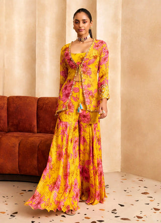 Yellow printed short jacket, blouse and sharara