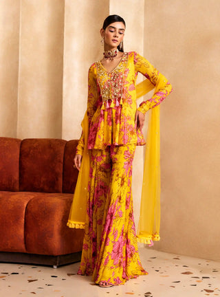 Yellow floral print a-line kurta and sharara set