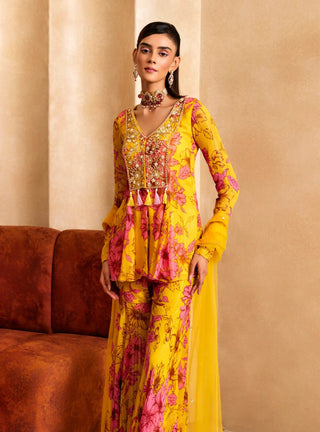 Yellow floral print a-line kurta and sharara set