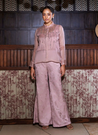 Pink organza shirt and jacquard pants