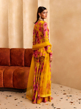 Yellow floral print a-line kurta and sharara set