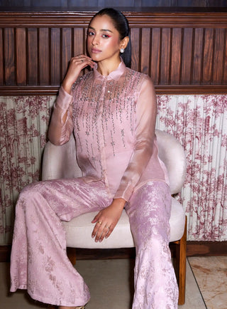 Pink organza shirt and jacquard pants