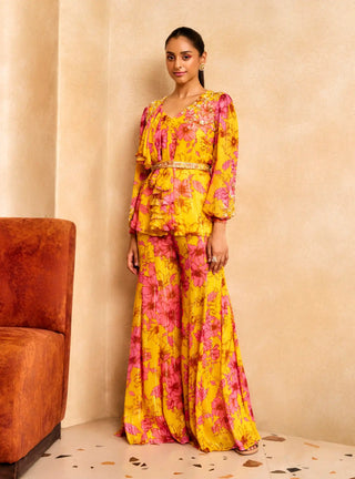 Yellow floral print ruffle kurta and sharara set