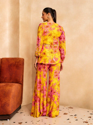 Yellow floral print ruffle kurta and sharara set