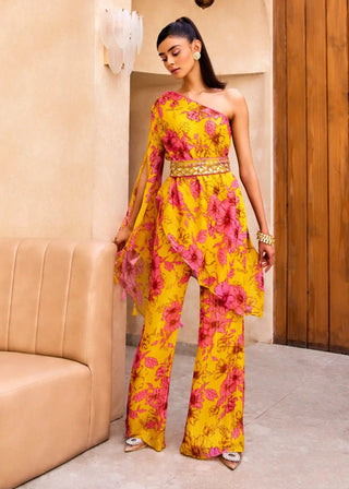 Yellow floral print one-shoulder kurta and pant set