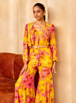 Yellow floral print ruffle kurta and sharara set