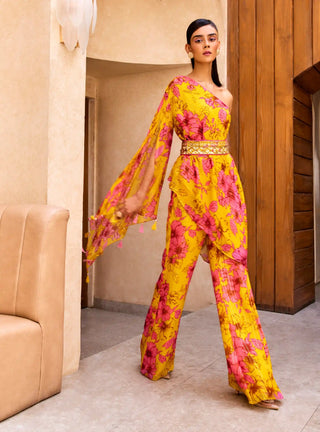 Yellow floral print one-shoulder kurta and pant set