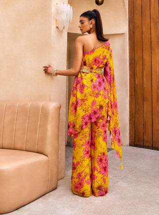 Yellow floral print one-shoulder kurta and pant set