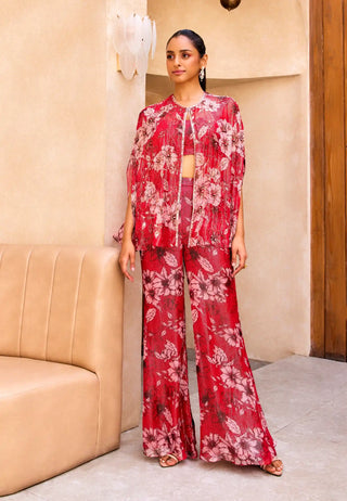 Red floral print cape and pant set