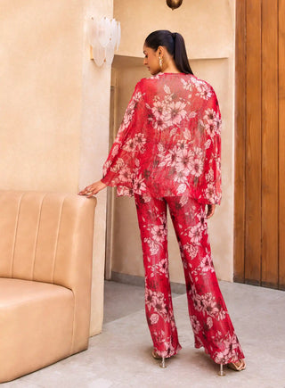 Red floral print cape and pant set