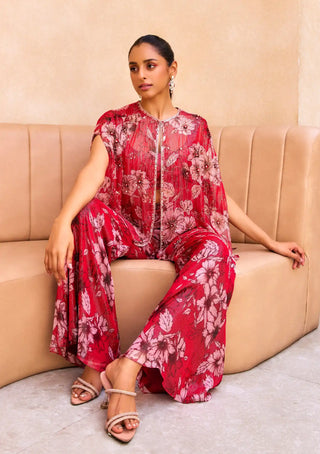 Red floral print cape and pant set